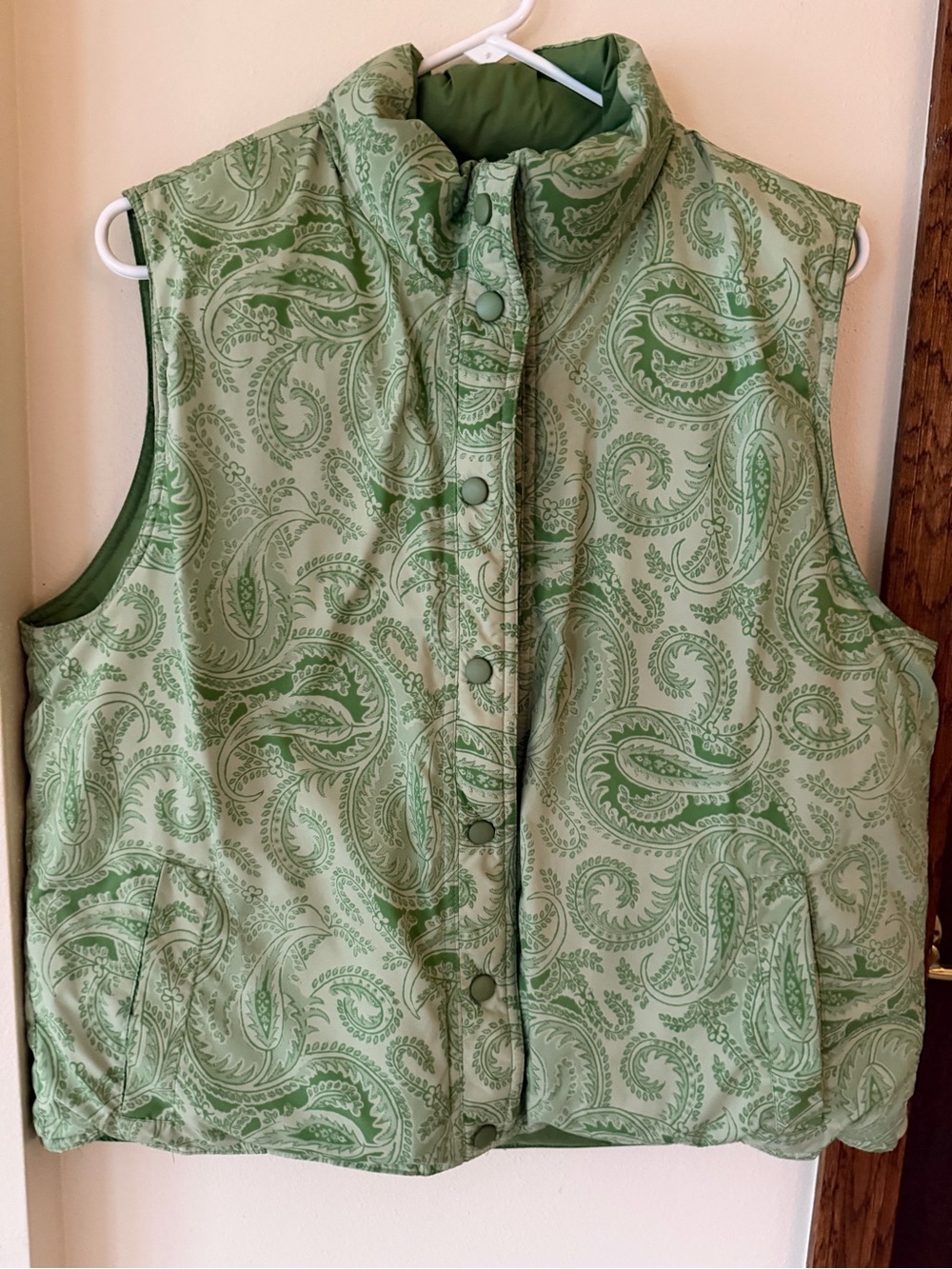 Lands' End Reversible Light Green Paisley Down Quilted Puffer Vest